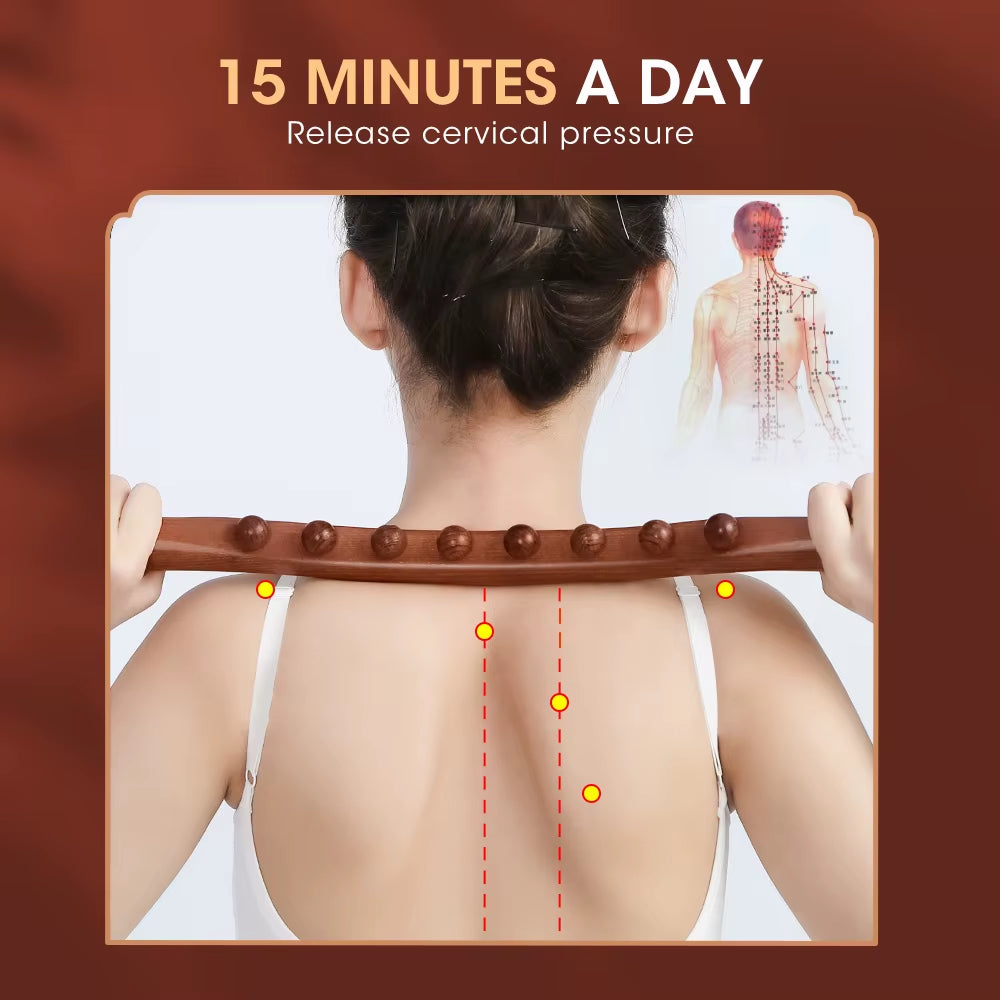 8 Beads Carbonized Beech Wood Massage Stick Household Health Care Dredging Meridians Scraping for Shoulders Neck Waist Back