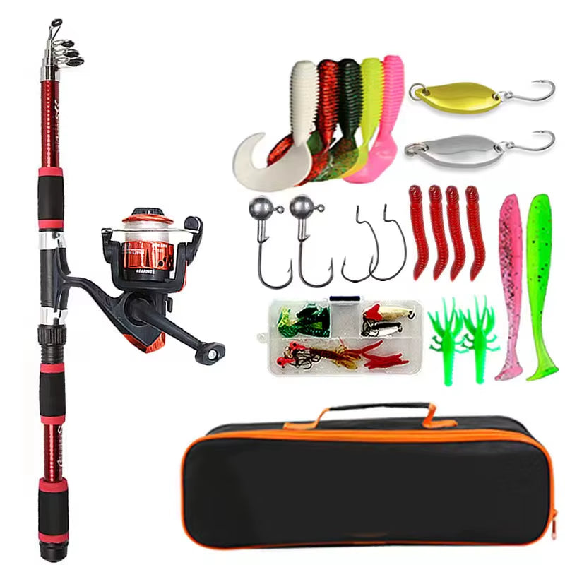 Fishing Pole Set Full Kits with Telescopic Fishing Rod and Spinning Reel Baits Hooks Travel Pole Set