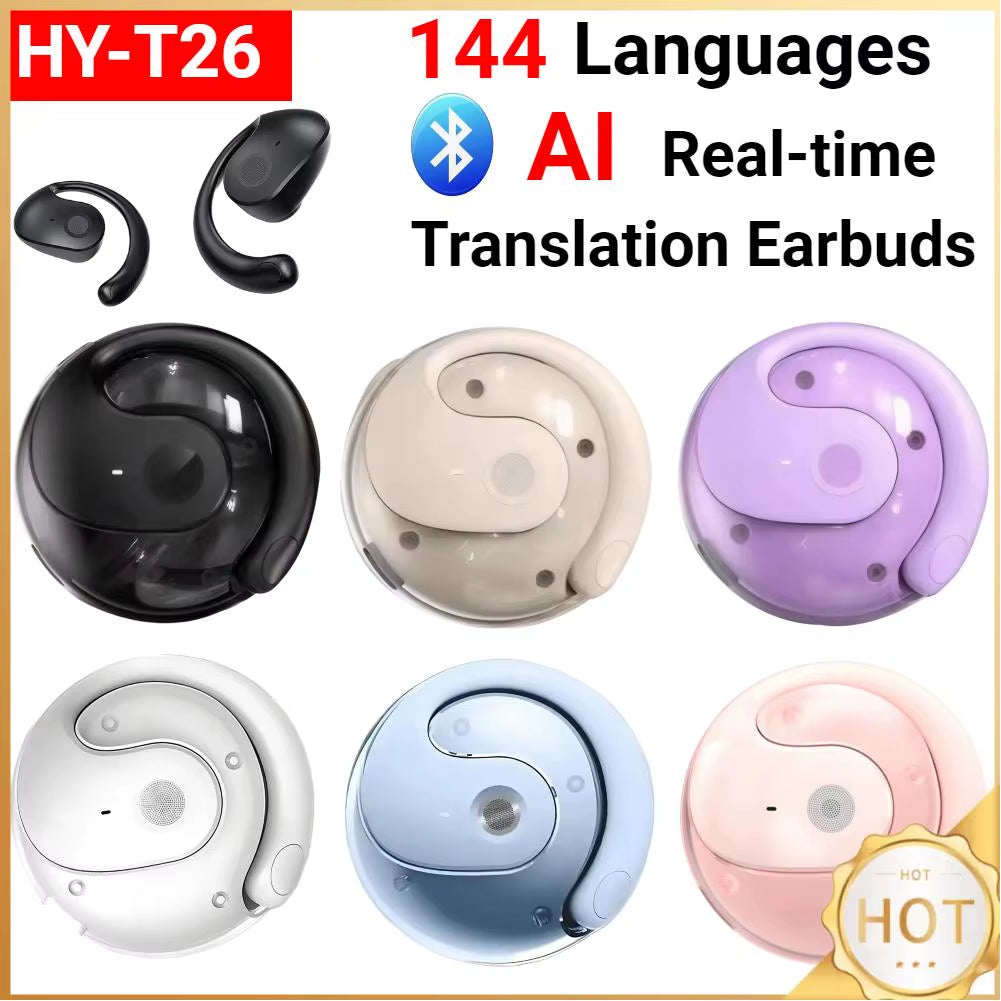 Wireless BT AI Real-Time Language Translation Earphones 144 Languages Ear Hanging Headphone Translator for Travel Business
