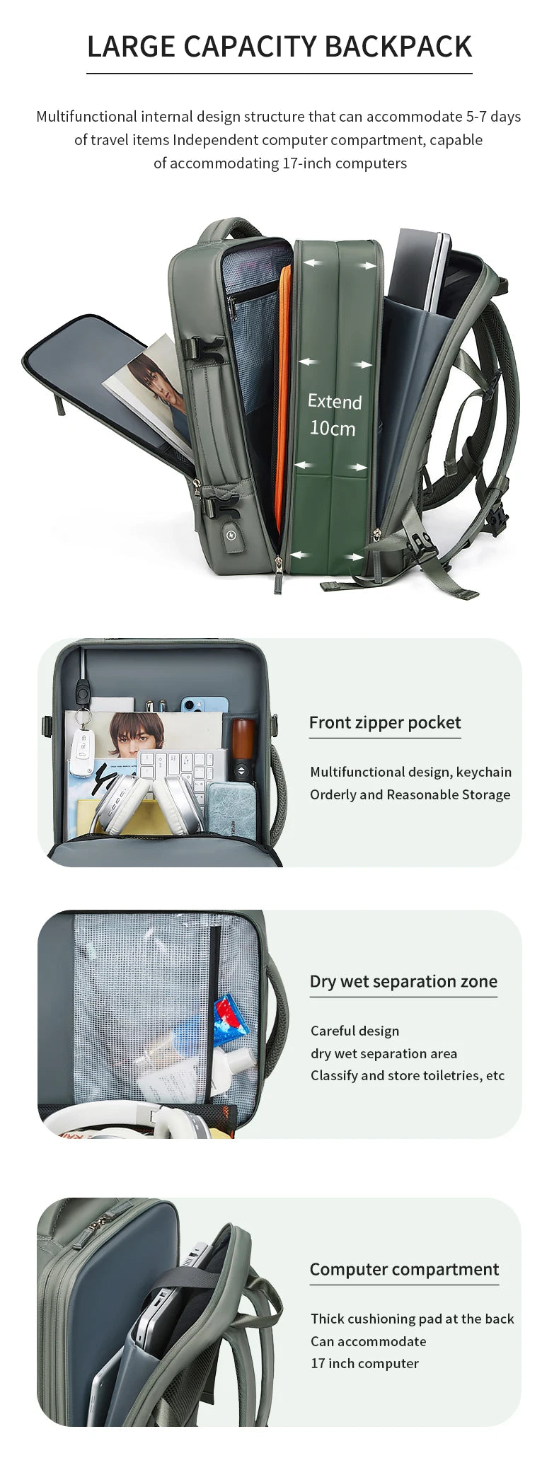 Travel Backpack For Men Expanded 39L hiking Business Laptop Backpack For Women USB charging 17 inch waterproof school Backpack