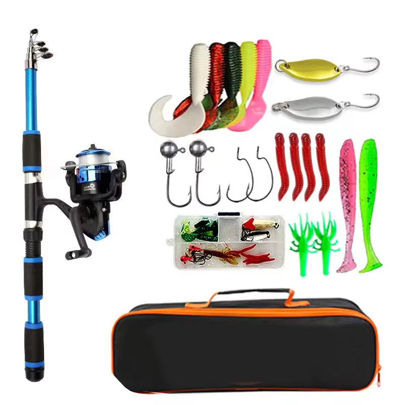 Fishing Pole Set Full Kits with Telescopic Fishing Rod and Spinning Reel Baits Hooks Travel Pole Set