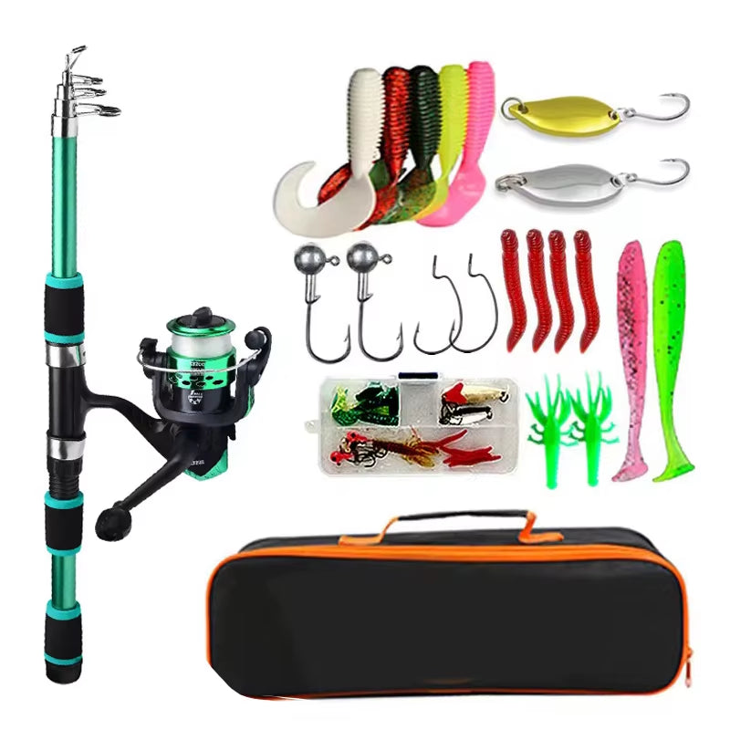 Fishing Pole Set Full Kits with Telescopic Fishing Rod and Spinning Reel Baits Hooks Travel Pole Set