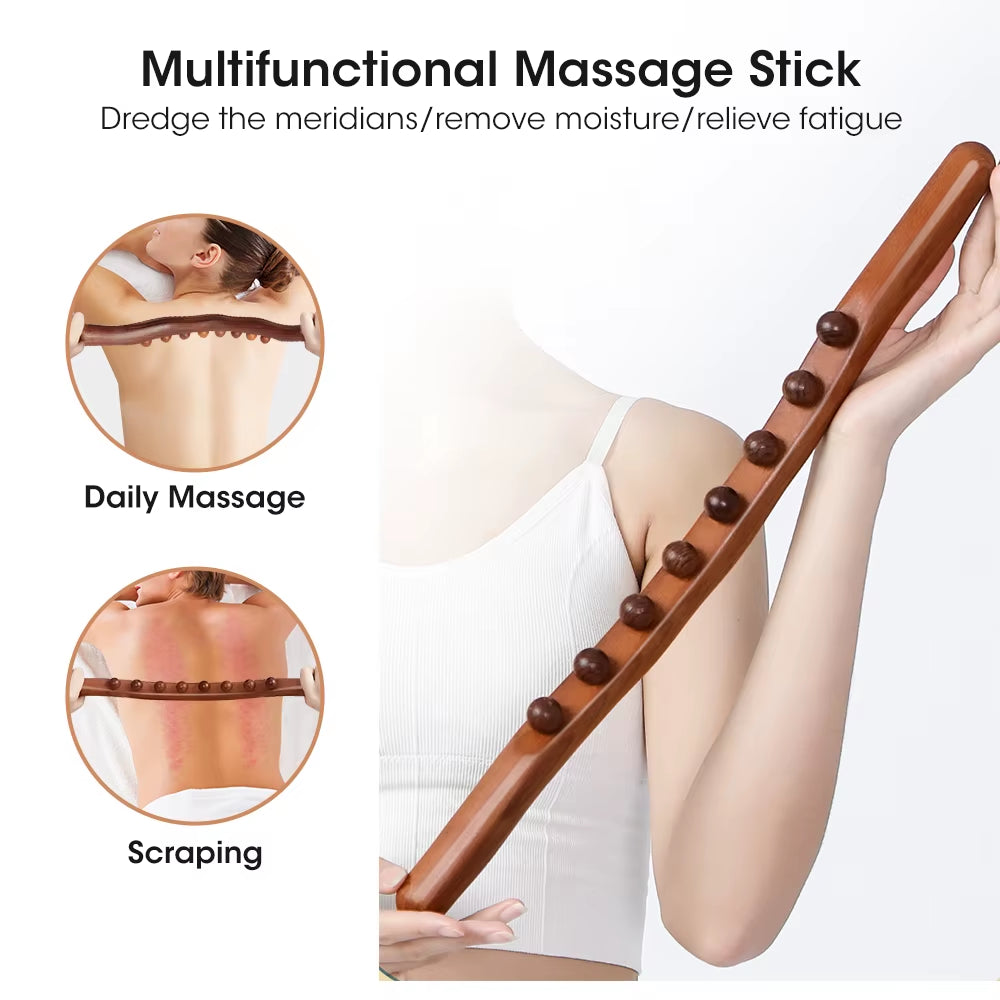 8 Beads Carbonized Beech Wood Massage Stick Household Health Care Dredging Meridians Scraping for Shoulders Neck Waist Back